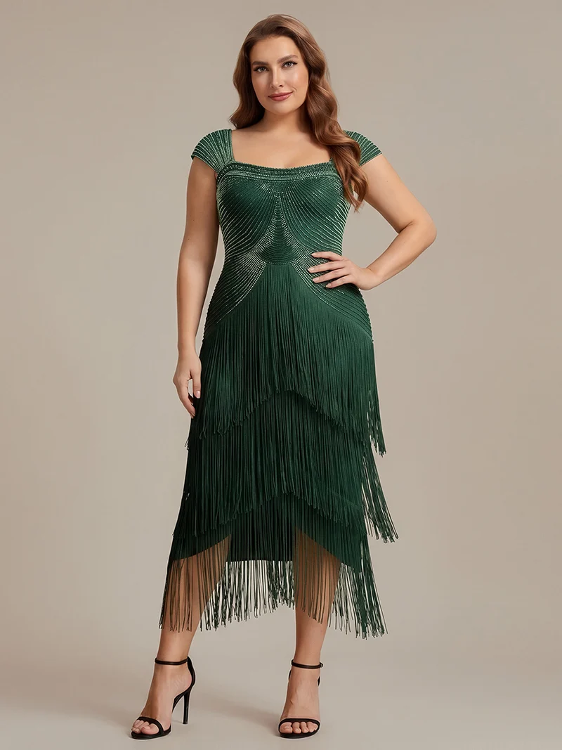 ever LUMINE|Robe midi à bretelles en forme de fourreau ornée de perles et de sequins avec décolleté carré