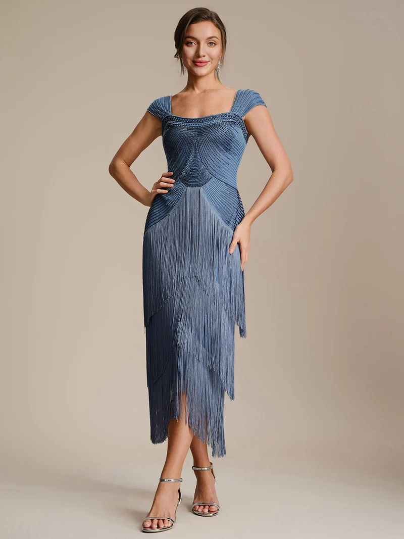 ever LUMINE|Robe midi à bretelles en forme de fourreau ornée de perles et de sequins avec décolleté carré