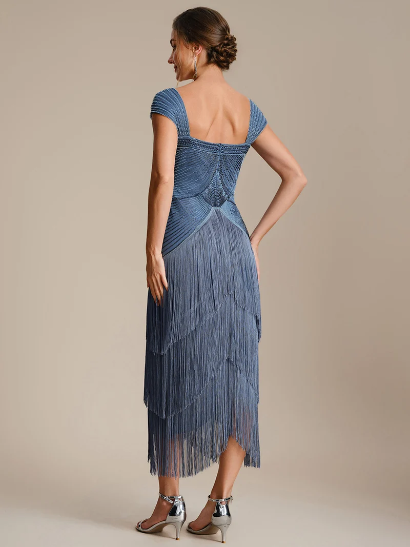 ever LUMINE|Robe midi à bretelles en forme de fourreau ornée de perles et de sequins avec décolleté carré