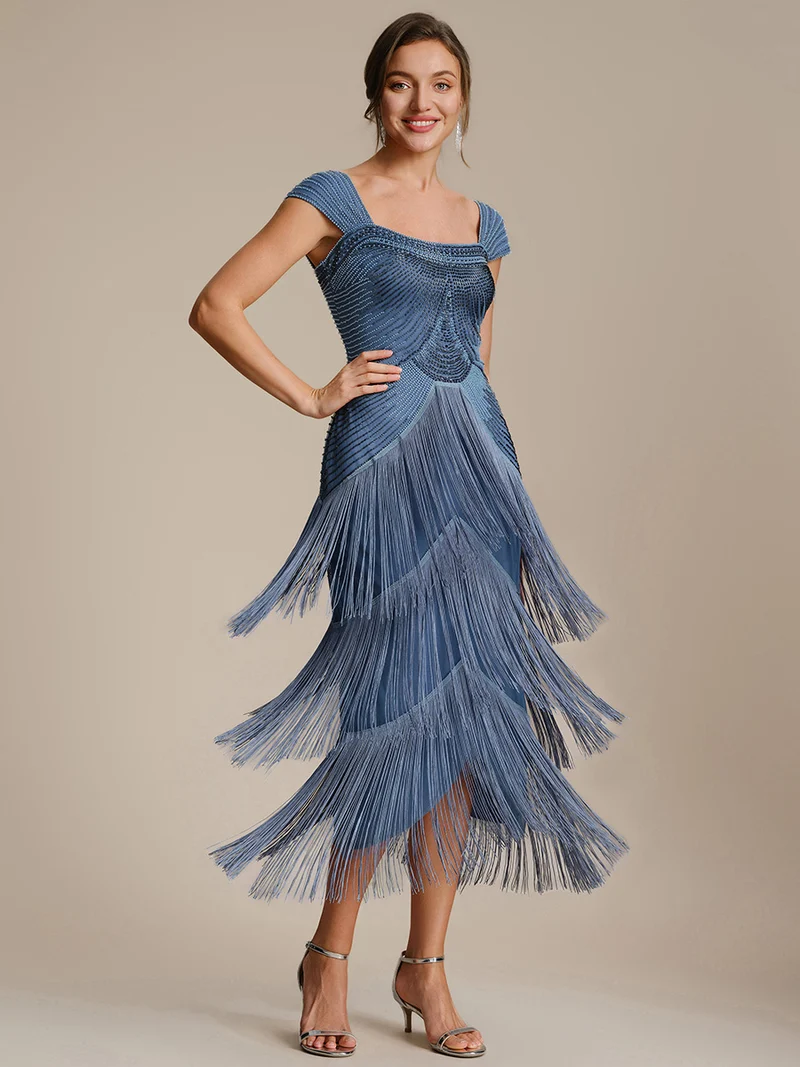 ever LUMINE|Robe midi à bretelles en forme de fourreau ornée de perles et de sequins avec décolleté carré