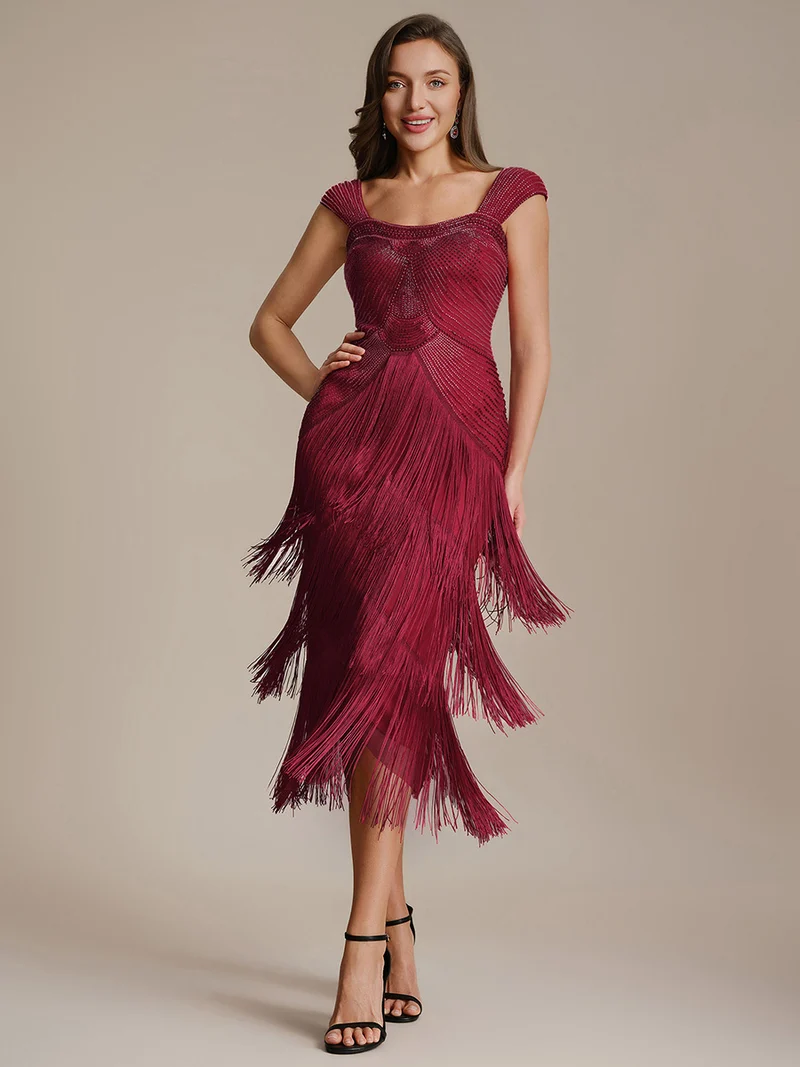 ever LUMINE|Robe midi à bretelles en forme de fourreau ornée de perles et de sequins avec décolleté carré