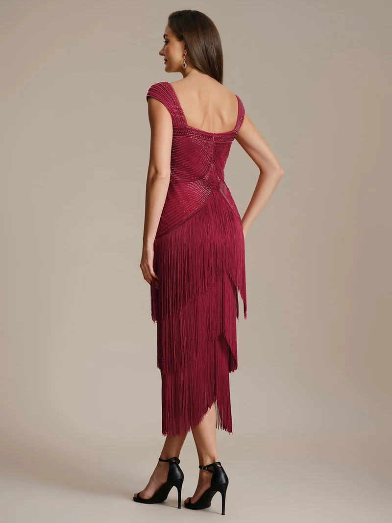 ever LUMINE|Robe midi à bretelles en forme de fourreau ornée de perles et de sequins avec décolleté carré