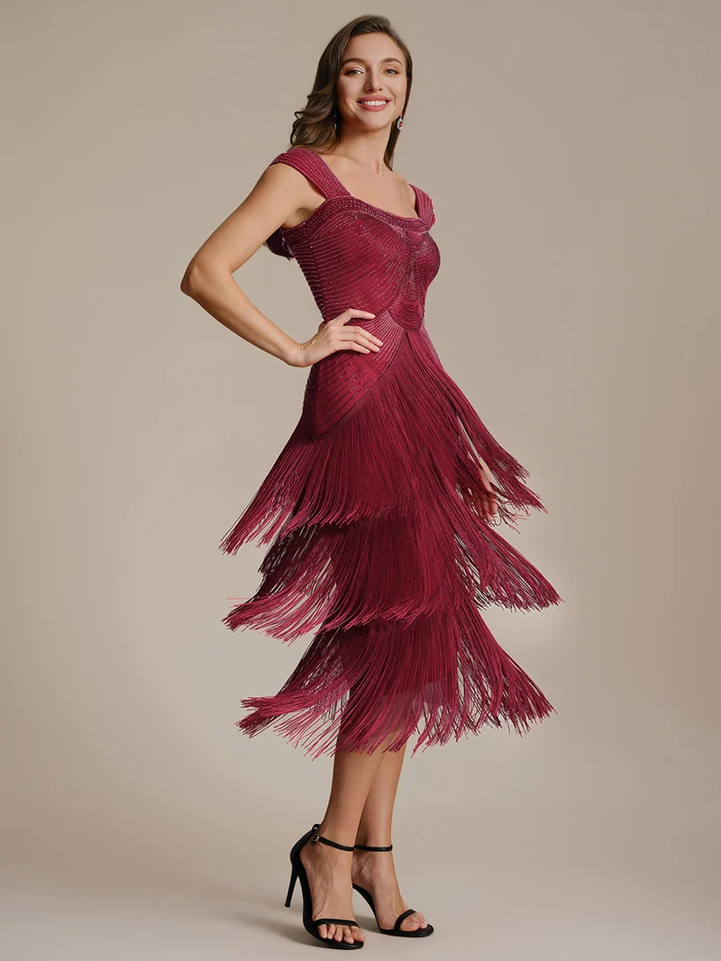 ever LUMINE|Robe midi à bretelles en forme de fourreau ornée de perles et de sequins avec décolleté carré