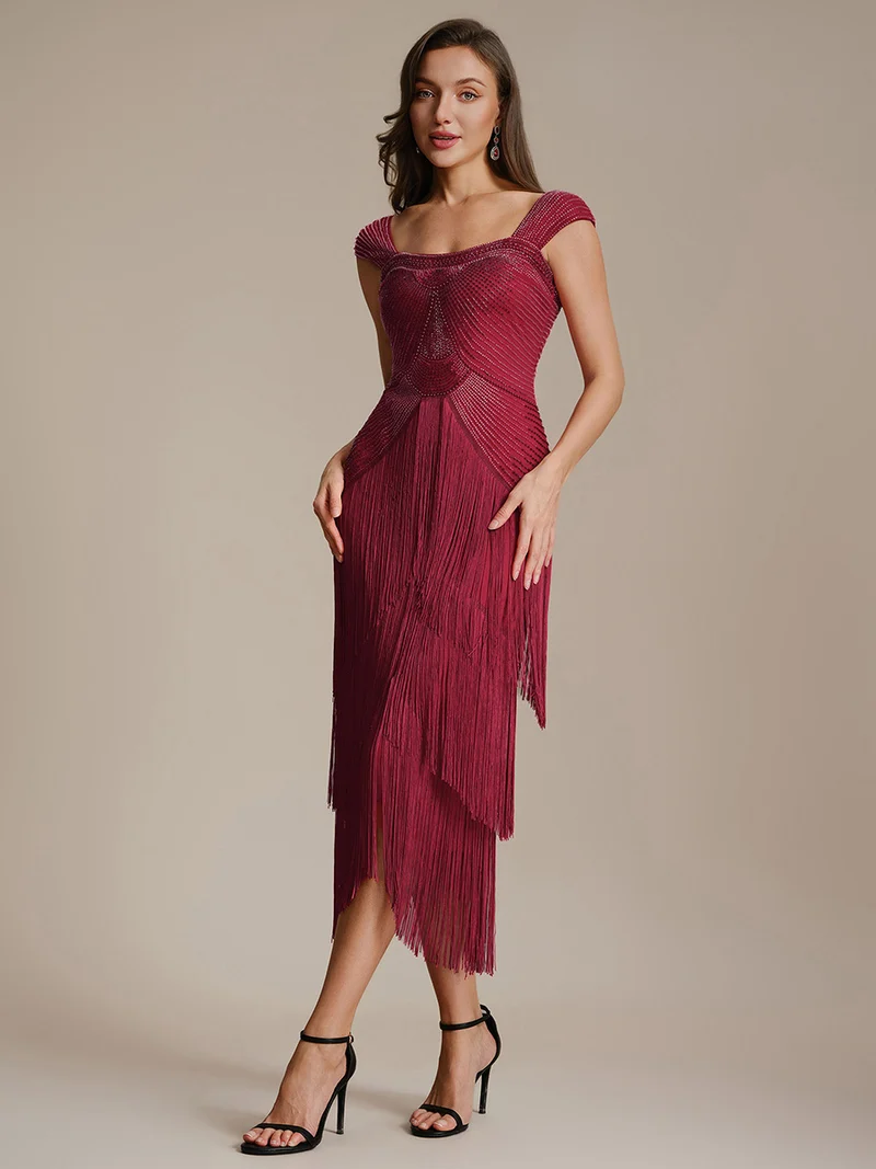 ever LUMINE|Robe midi à bretelles en forme de fourreau ornée de perles et de sequins avec décolleté carré