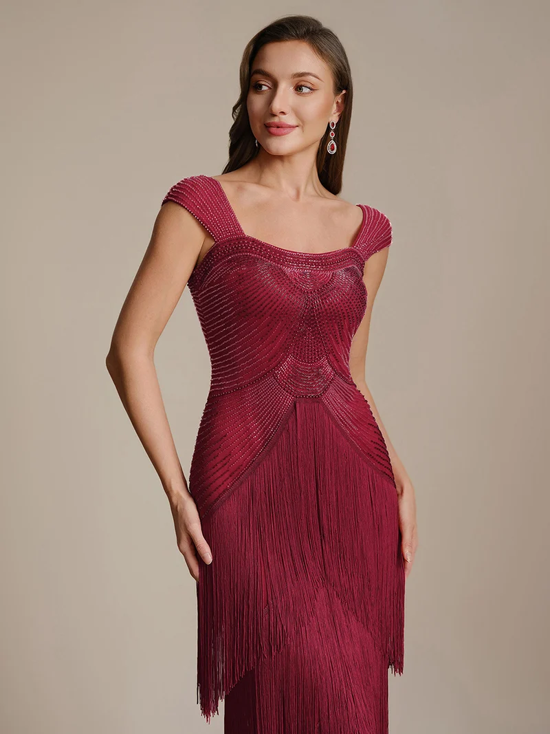 ever LUMINE|Robe midi à bretelles en forme de fourreau ornée de perles et de sequins avec décolleté carré
