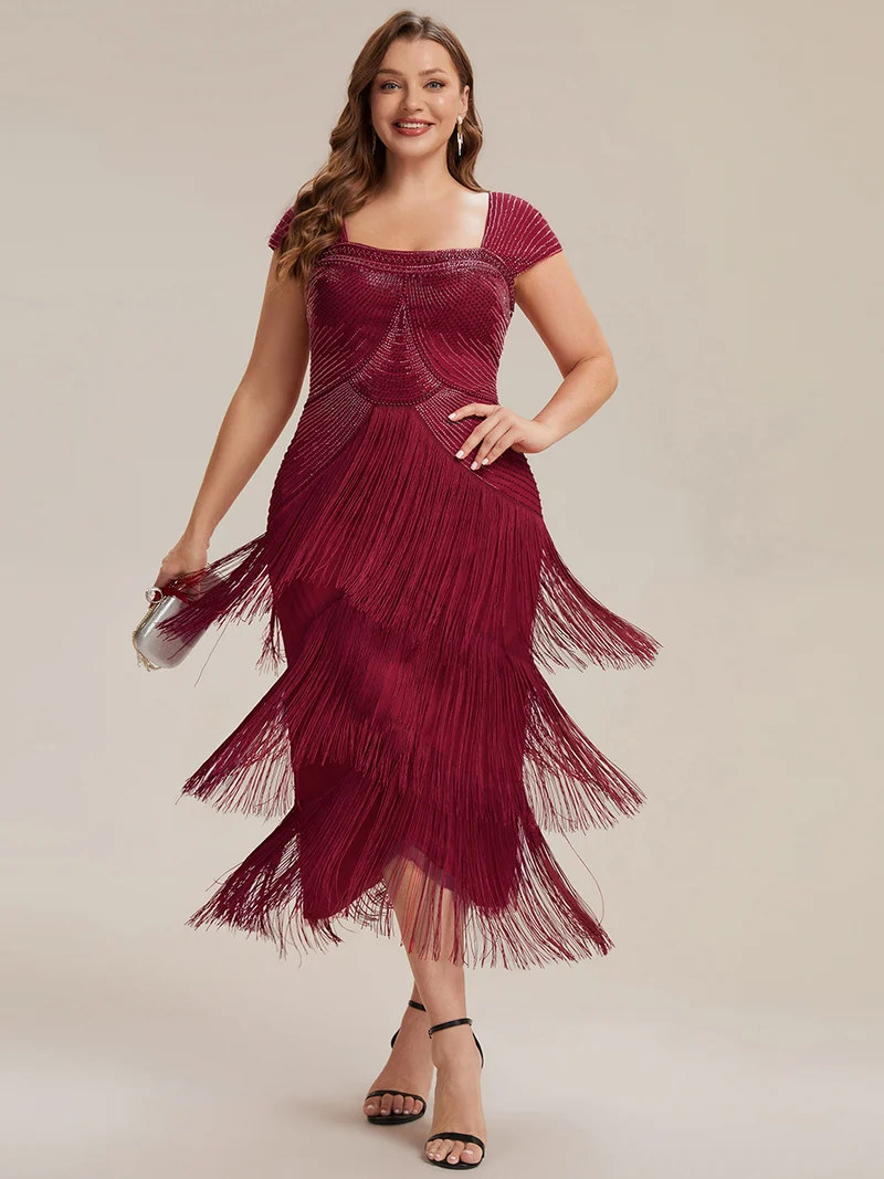 ever LUMINE|Robe midi à bretelles en forme de fourreau ornée de perles et de sequins avec décolleté carré