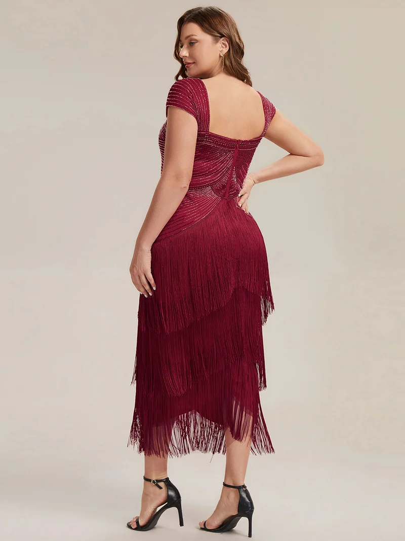 ever LUMINE|Robe midi à bretelles en forme de fourreau ornée de perles et de sequins avec décolleté carré