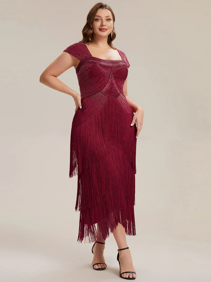 ever LUMINE|Robe midi à bretelles en forme de fourreau ornée de perles et de sequins avec décolleté carré