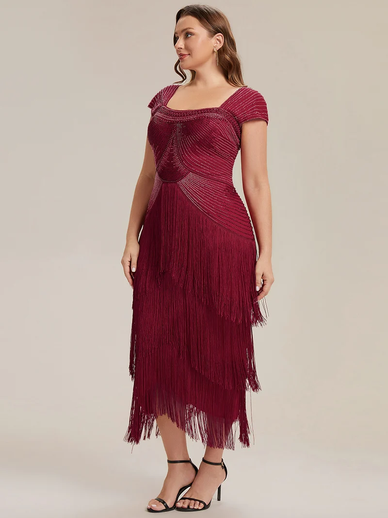 ever LUMINE|Robe midi à bretelles en forme de fourreau ornée de perles et de sequins avec décolleté carré