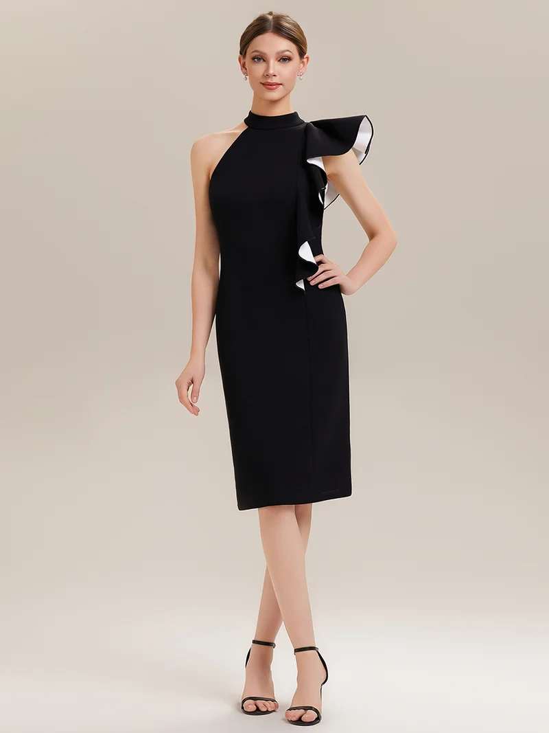 ever OBSIDIAN|Robe moulante à encolure col haut asymétrique à volants contrastés longueur genou en tissu extensible