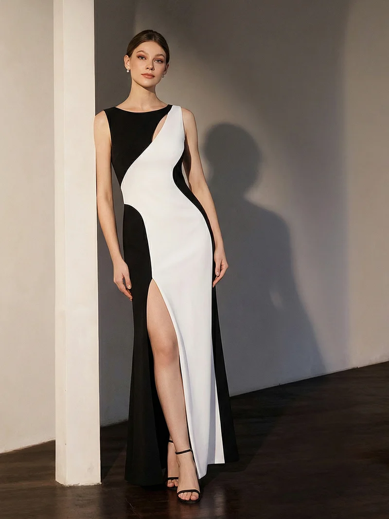 ever PEARL|Robe maxi bodycon sans manches en stretch avec col rond, détail de coupe asymétrique bicolore et fente haute sur la cuisse