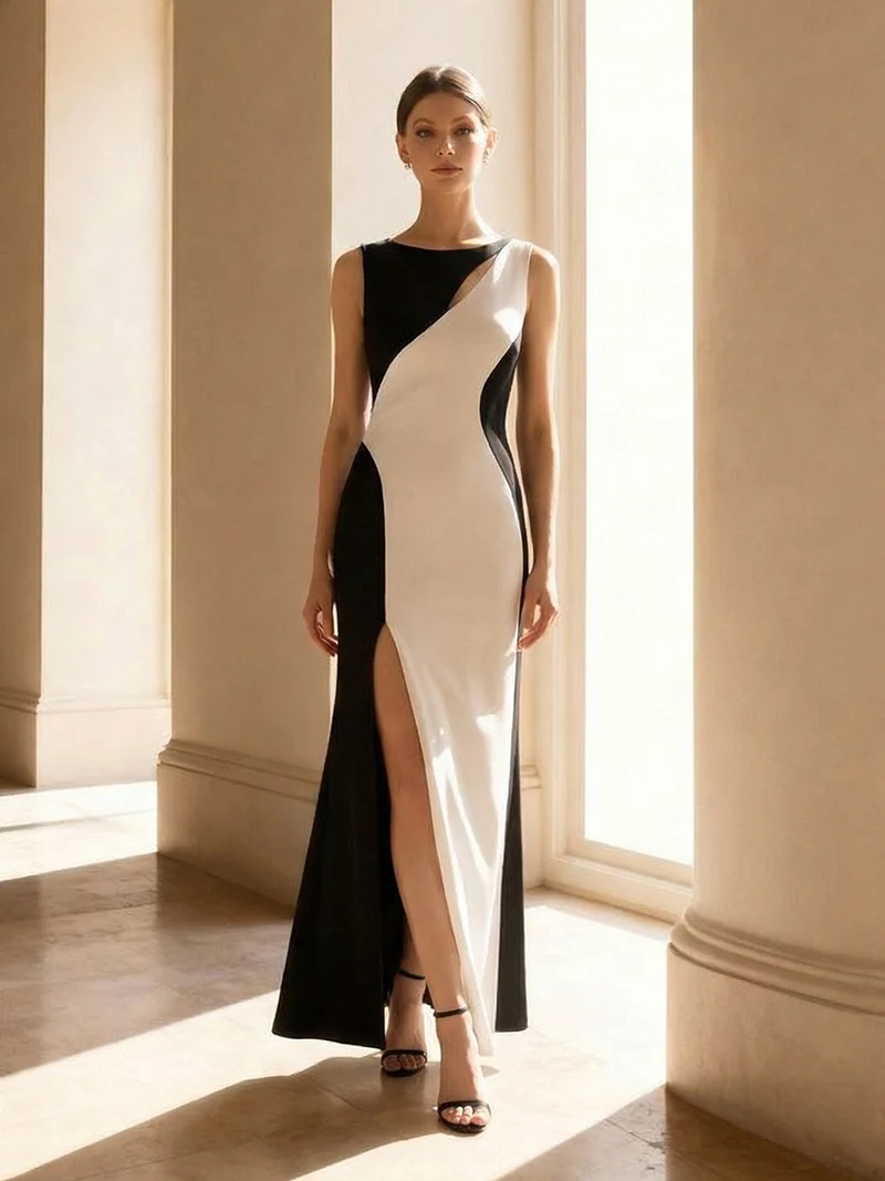 ever PEARL|Robe maxi bodycon sans manches en stretch avec col rond, détail de coupe asymétrique bicolore et fente haute sur la cuisse