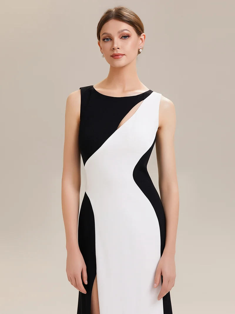 ever PEARL|Robe maxi bodycon sans manches en stretch avec col rond, détail de coupe asymétrique bicolore et fente haute sur la cuisse