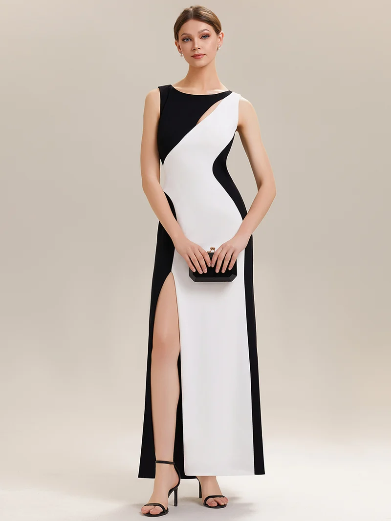 ever PEARL|Robe maxi bodycon sans manches en stretch avec col rond, détail de coupe asymétrique bicolore et fente haute sur la cuisse