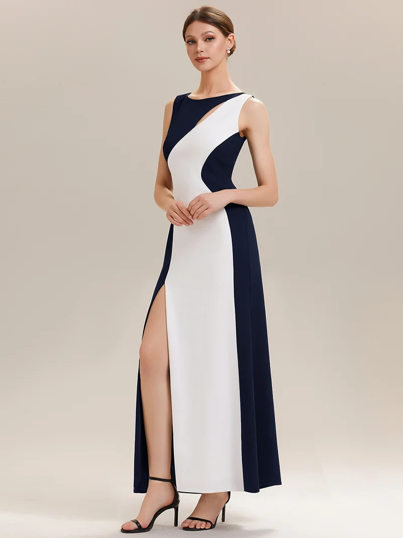 ever PEARL|Robe maxi bodycon sans manches en stretch avec col rond, détail de coupe asymétrique bicolore et fente haute sur la cuisse