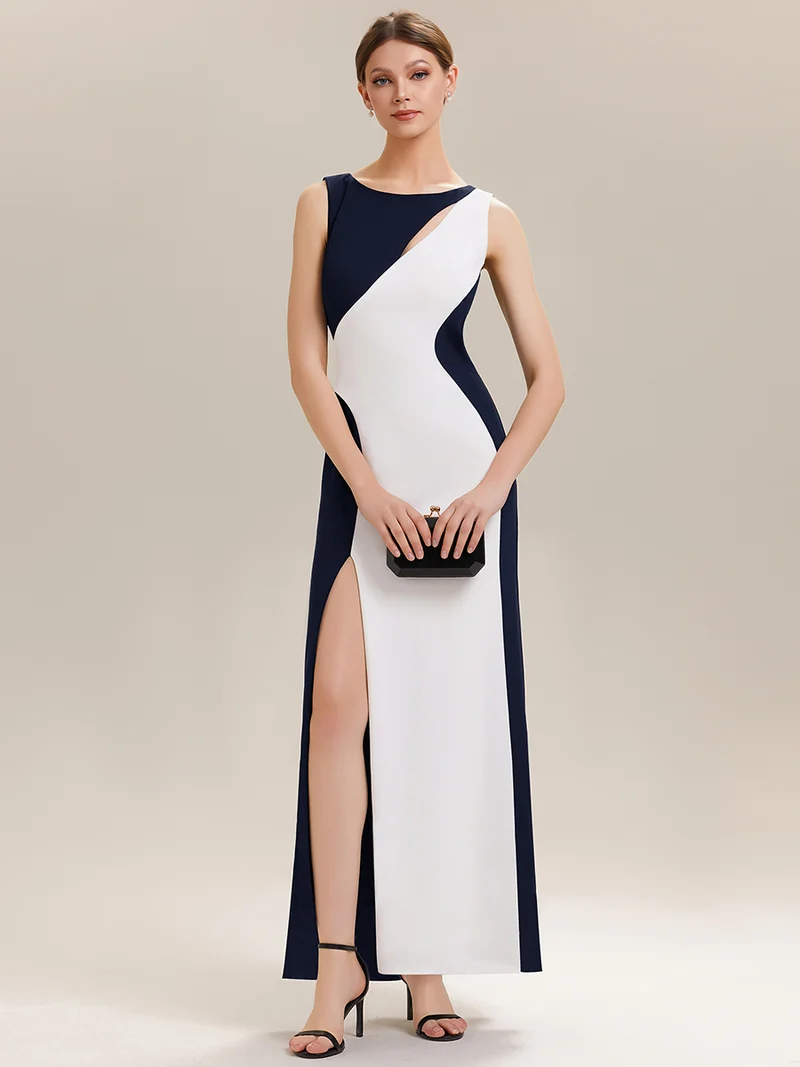 ever PEARL|Robe maxi bodycon sans manches en stretch avec col rond, détail de coupe asymétrique bicolore et fente haute sur la cuisse