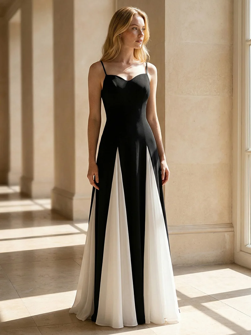 ever IVOIRE|Robe longue avec bretelles spaghetti ajustables et silhouette évasée en A avec détails en contraste bicolore