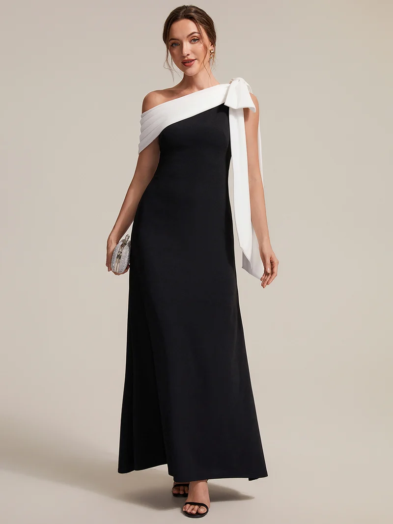 ever NOIR|Robe longue ajustée à encolure asymétrique débardée avec détail de noeud drapé en tissu extensible