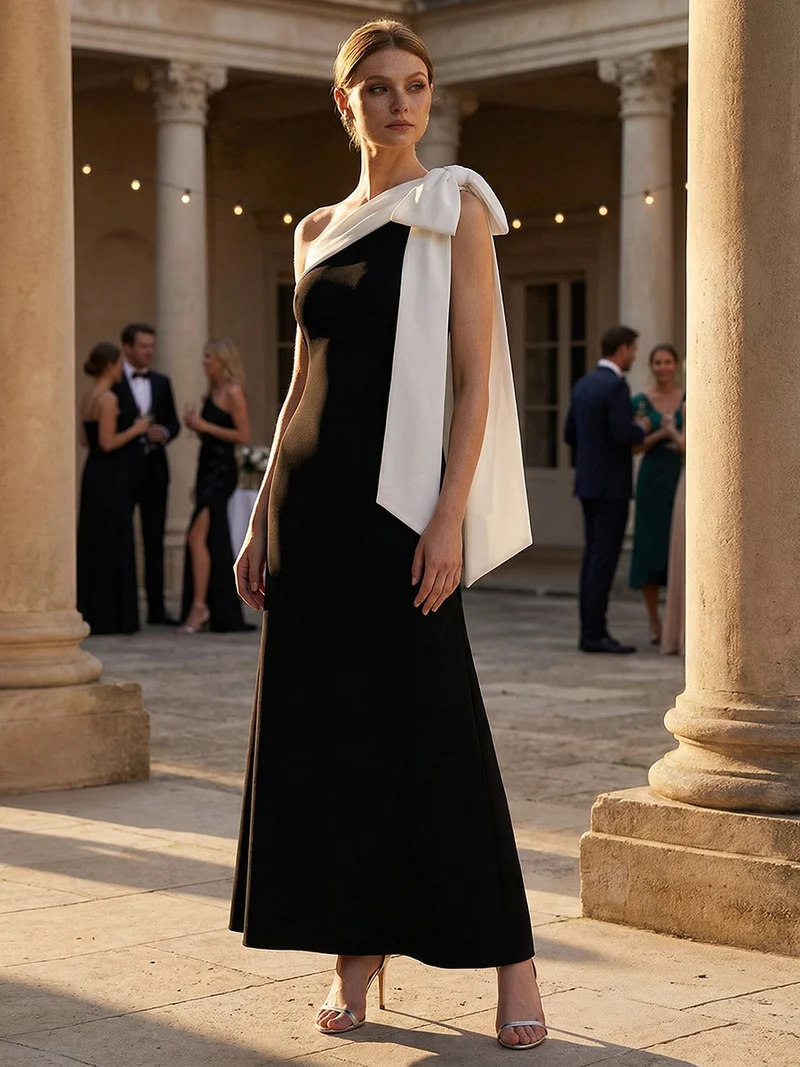 ever NOIR|Robe longue ajustée à encolure asymétrique débardée avec détail de noeud drapé en tissu extensible