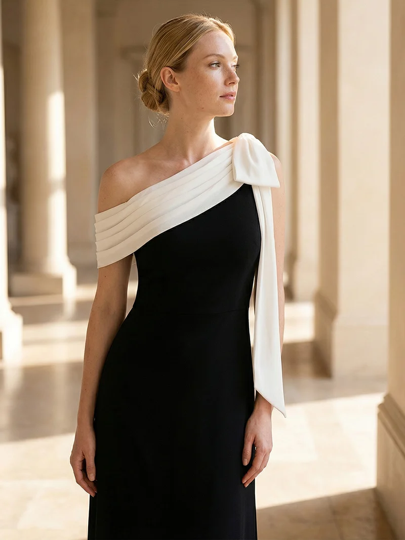 ever NOIR|Robe longue ajustée à encolure asymétrique débardée avec détail de noeud drapé en tissu extensible