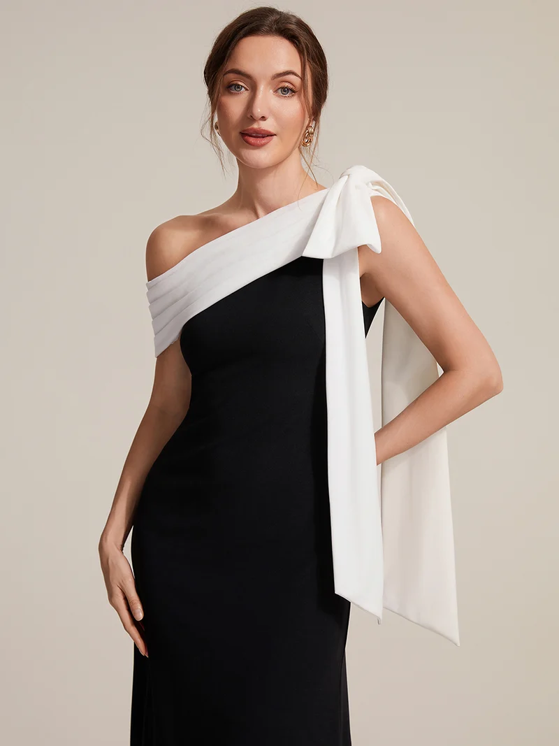 ever NOIR|Robe longue ajustée à encolure asymétrique débardée avec détail de noeud drapé en tissu extensible