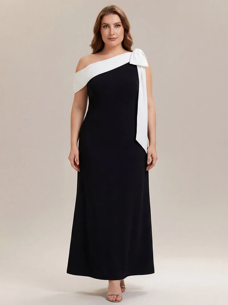 ever NOIR|Robe longue ajustée à encolure asymétrique débardée avec détail de noeud drapé en tissu extensible