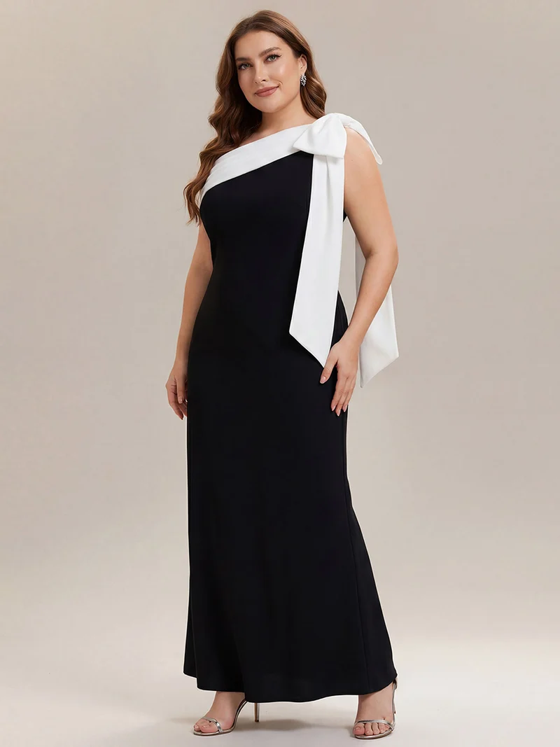 ever NOIR|Robe longue ajustée à encolure asymétrique débardée avec détail de noeud drapé en tissu extensible
