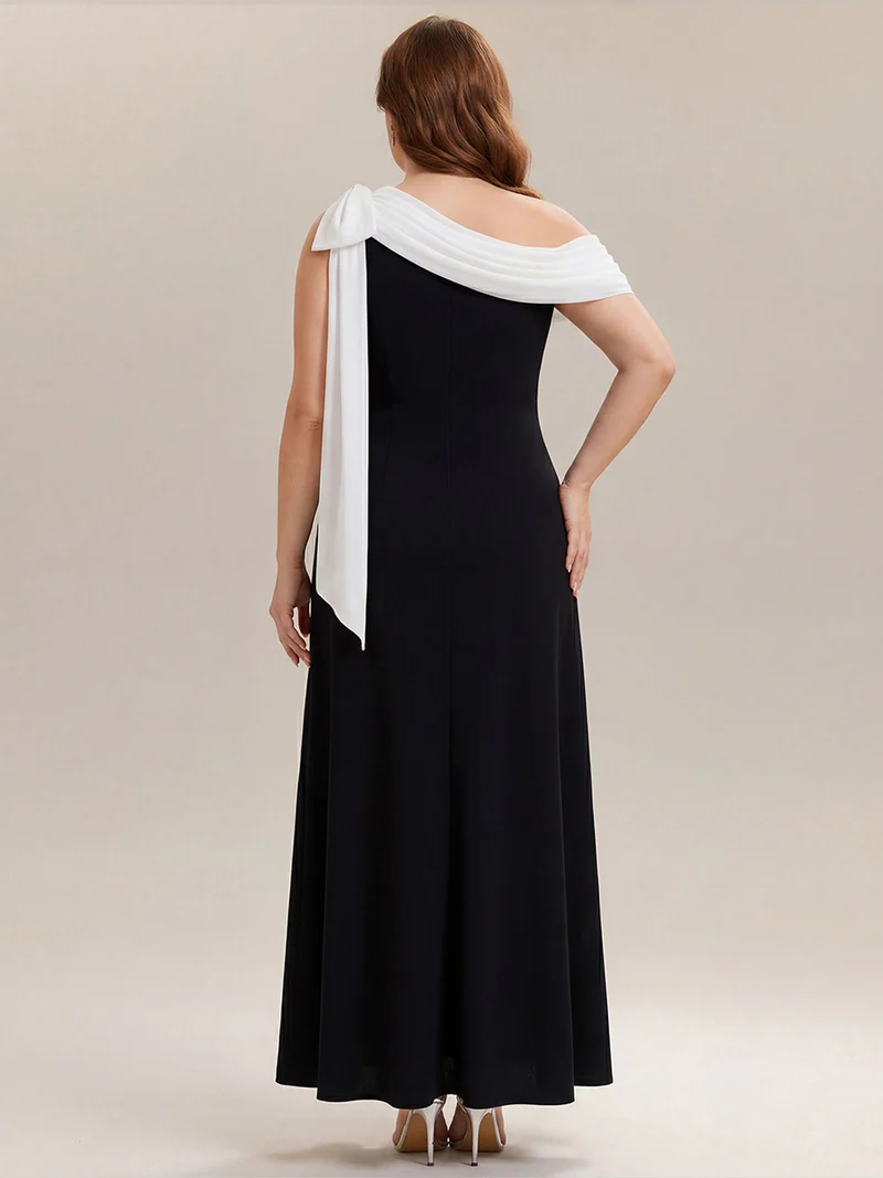 ever NOIR|Robe longue ajustée à encolure asymétrique débardée avec détail de noeud drapé en tissu extensible