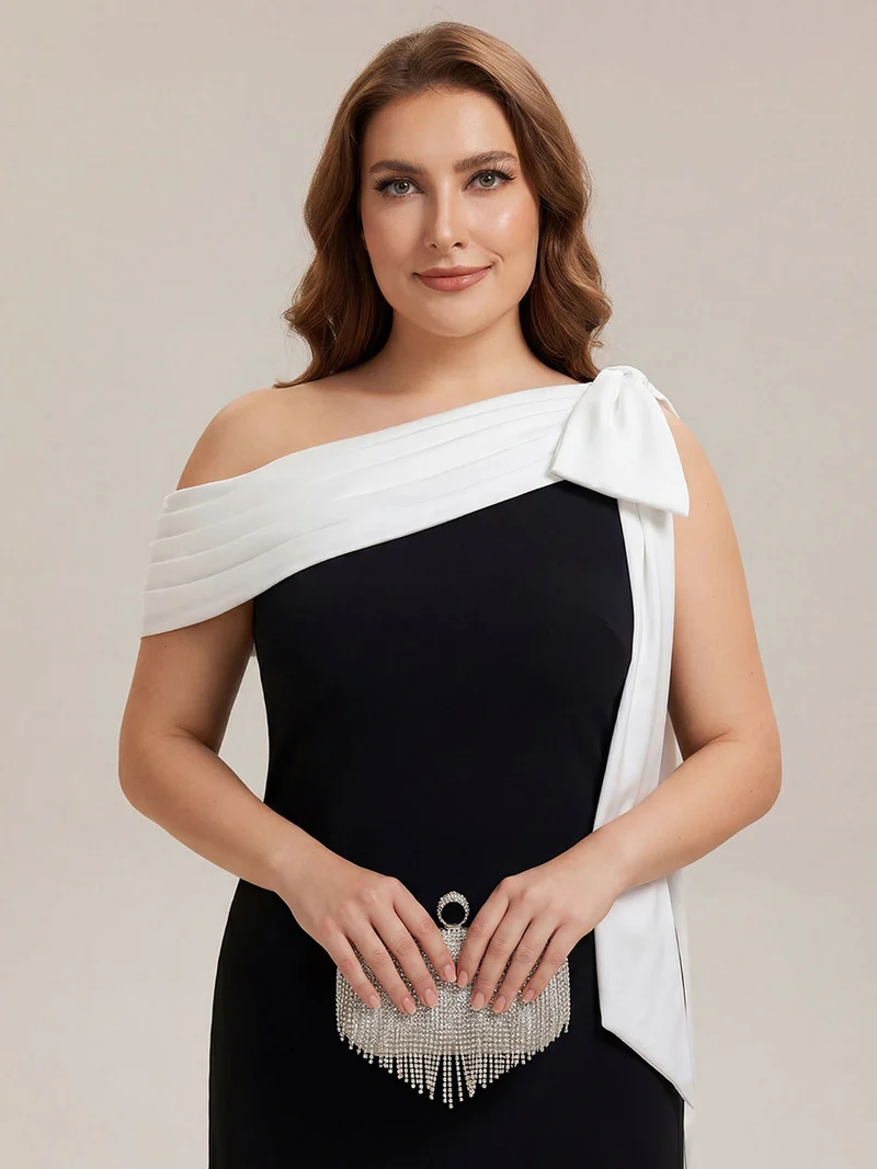 ever NOIR|Robe longue ajustée à encolure asymétrique débardée avec détail de noeud drapé en tissu extensible