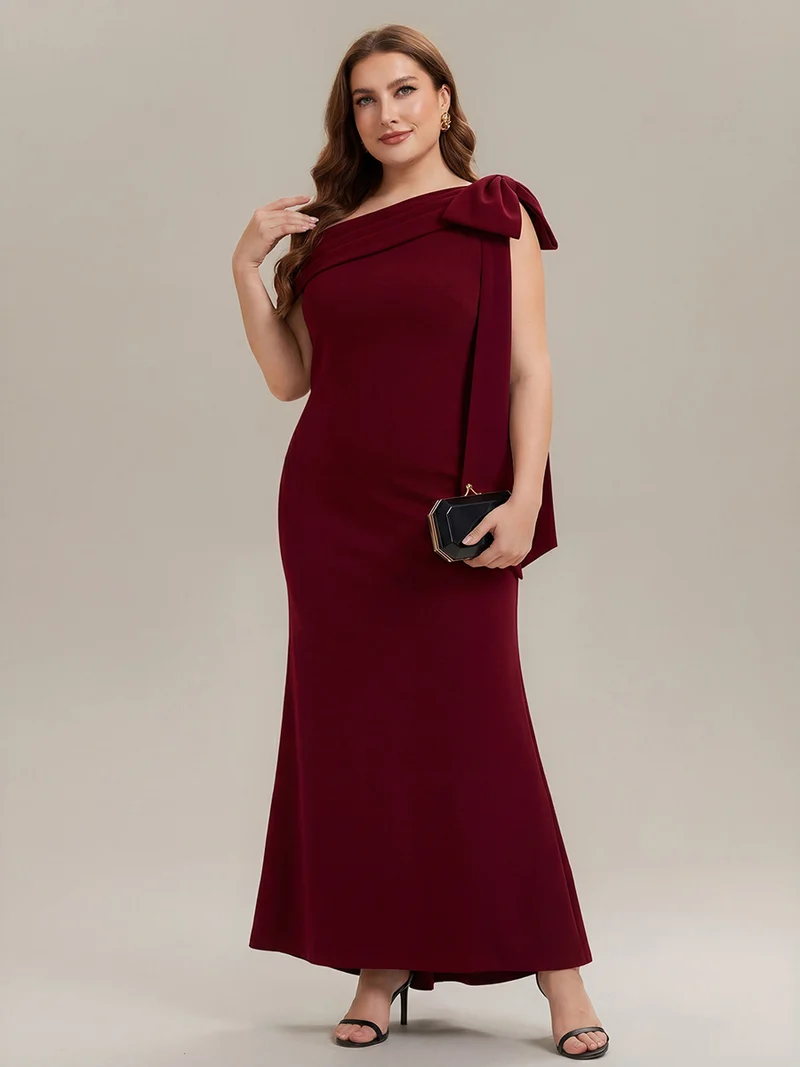 ever NOIR|Robe longue ajustée à encolure asymétrique débardée avec détail de noeud drapé en tissu extensible
