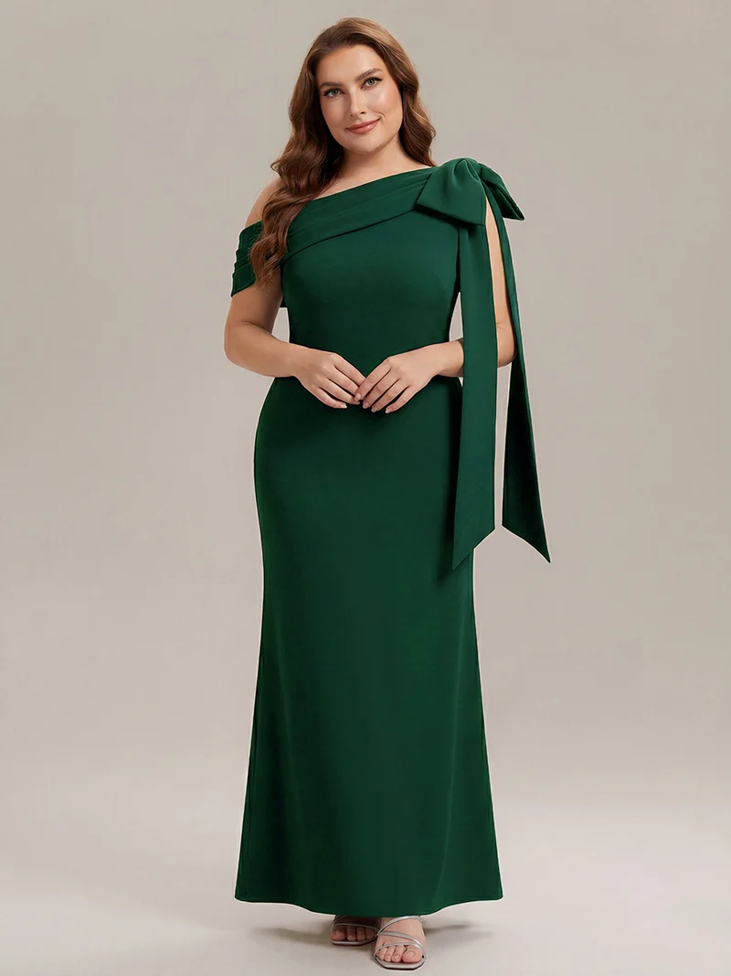 ever NOIR|Robe longue ajustée à encolure asymétrique débardée avec détail de noeud drapé en tissu extensible