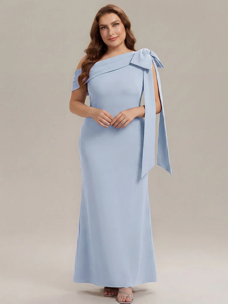 ever NOIR|Robe longue ajustée à encolure asymétrique débardée avec détail de noeud drapé en tissu extensible