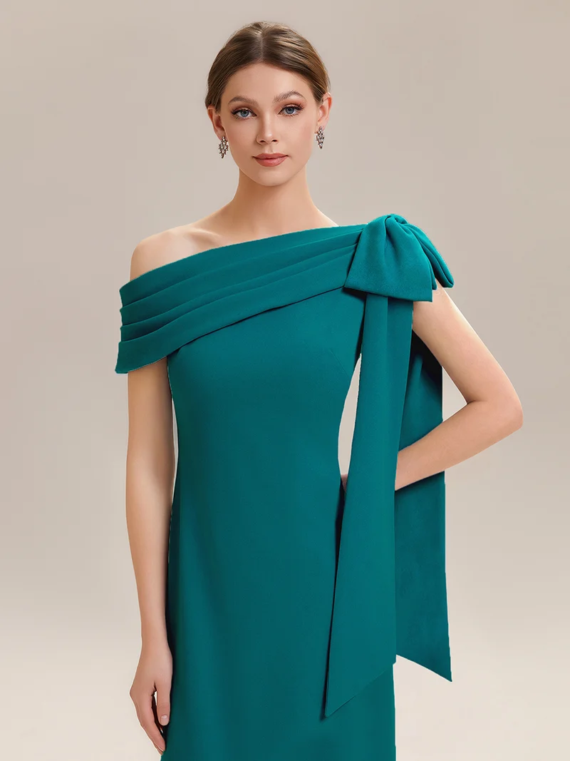 ever NOIR|Robe longue ajustée à encolure asymétrique débardée avec détail de noeud drapé en tissu extensible