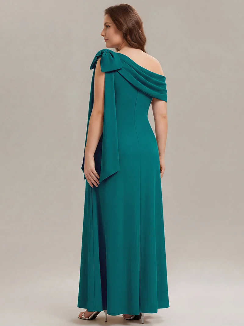 ever NOIR|Robe longue ajustée à encolure asymétrique débardée avec détail de noeud drapé en tissu extensible