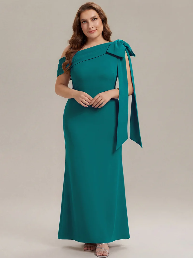ever NOIR|Robe longue ajustée à encolure asymétrique débardée avec détail de noeud drapé en tissu extensible