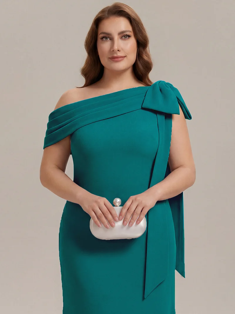 ever NOIR|Robe longue ajustée à encolure asymétrique débardée avec détail de noeud drapé en tissu extensible