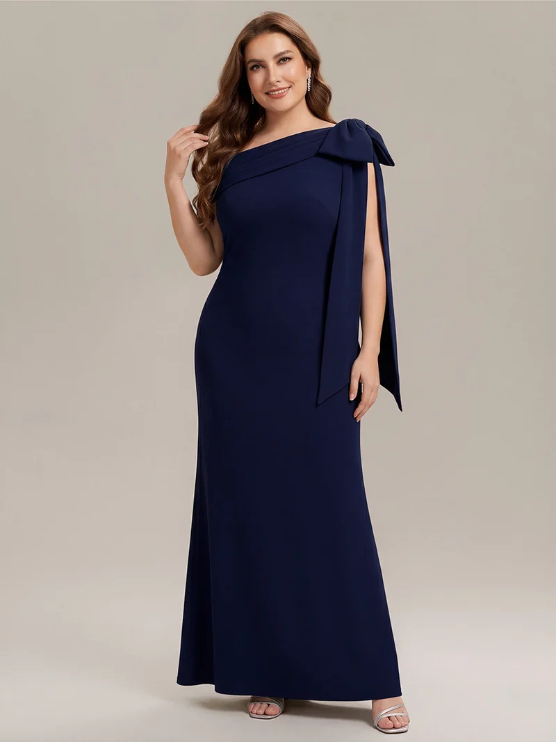 ever NOIR|Robe longue ajustée à encolure asymétrique débardée avec détail de noeud drapé en tissu extensible
