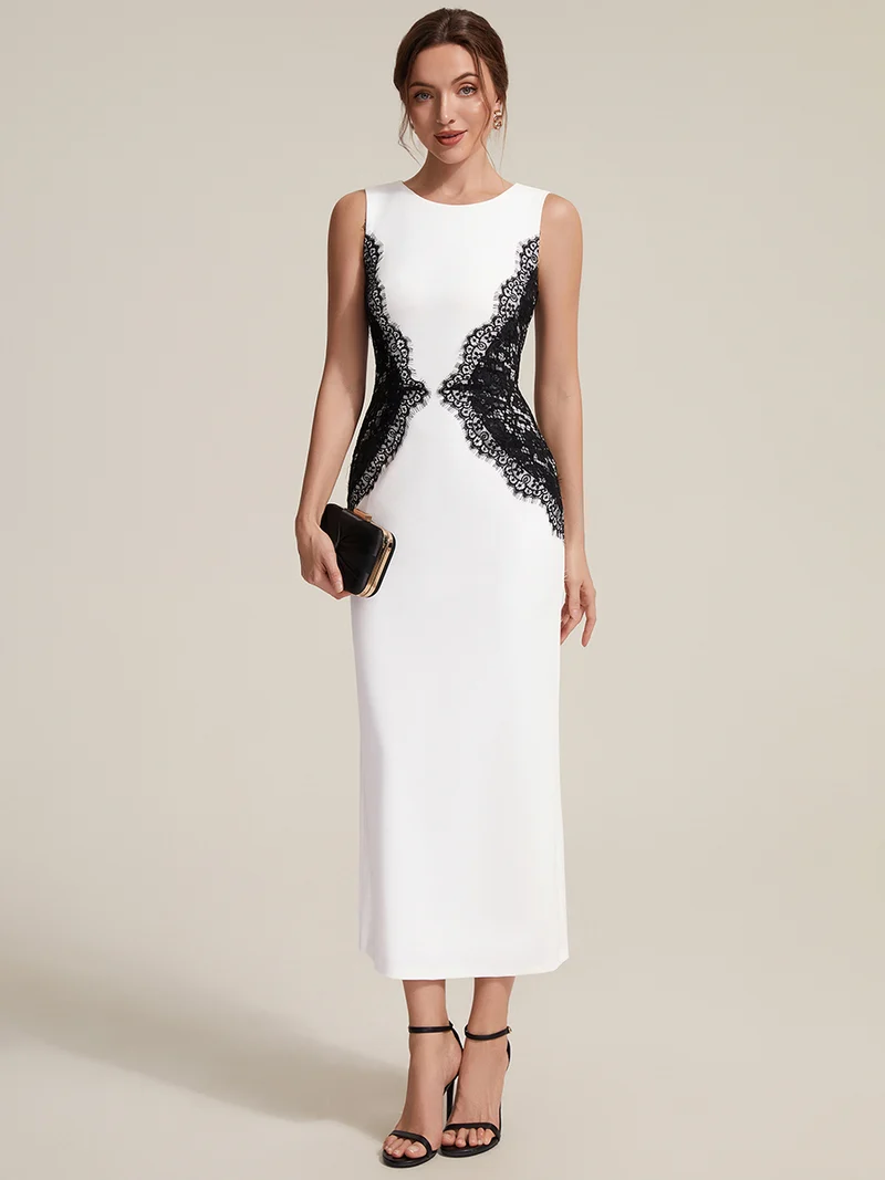 ever IVORY|Robe maxi moulante sans bretelles en jersey extensible avec col rond et dentelle à frange