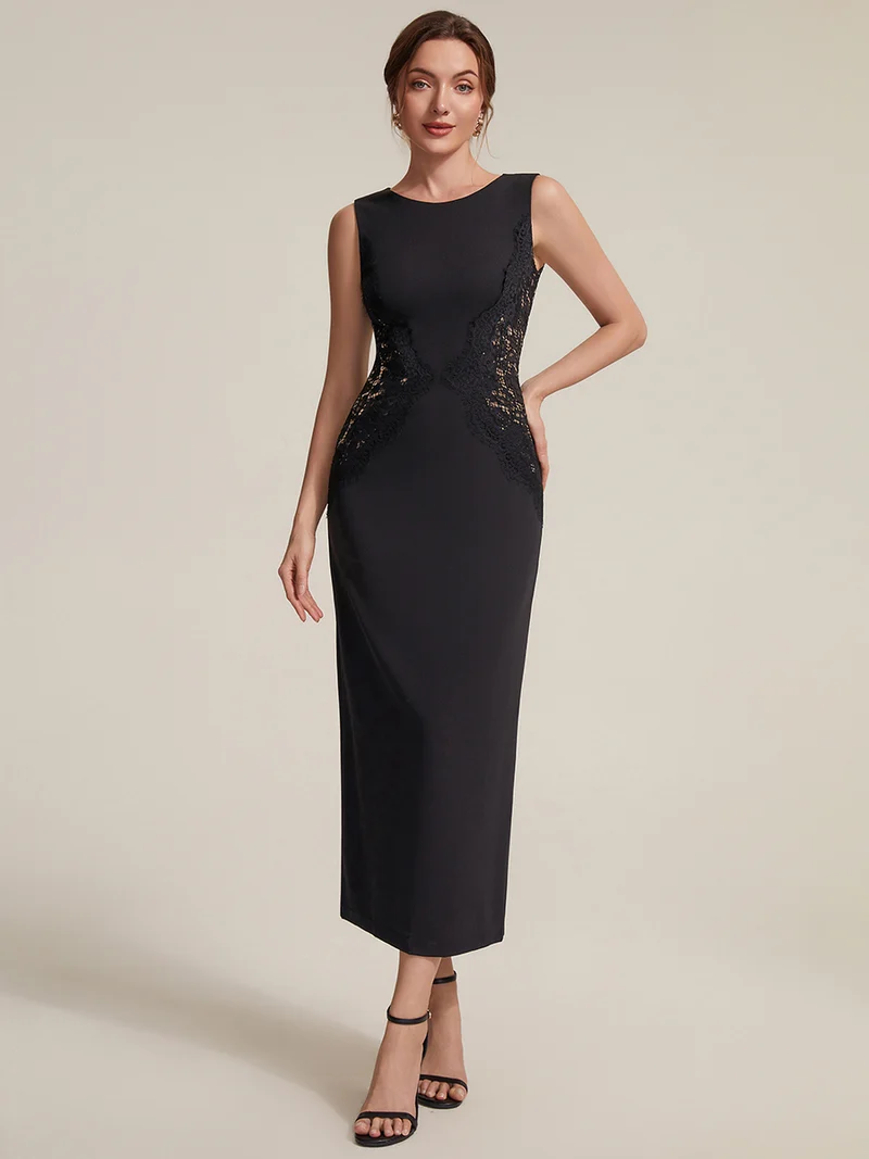ever IVORY|Robe maxi moulante sans bretelles en jersey extensible avec col rond et dentelle à frange