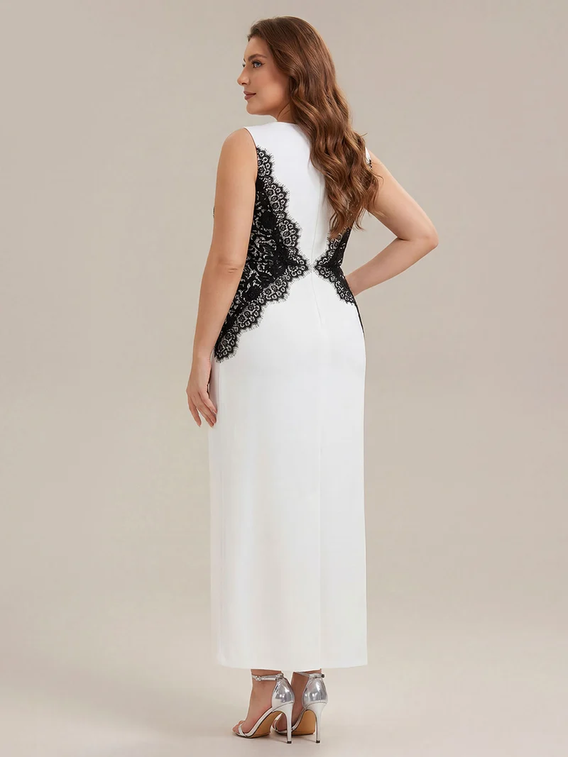 ever IVORY|Robe maxi moulante sans bretelles en jersey extensible avec col rond et dentelle à frange