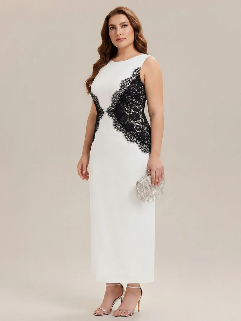ever IVORY|Robe maxi moulante sans bretelles en jersey extensible avec col rond et dentelle à frange
