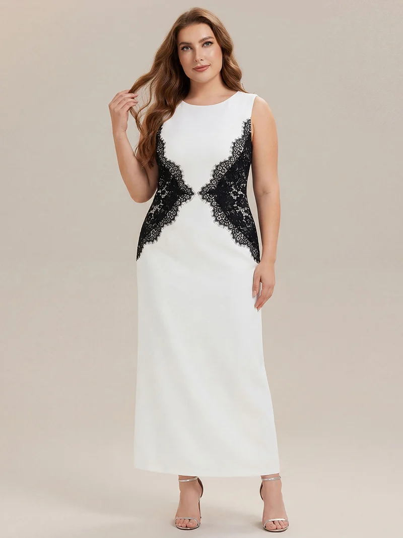 ever IVORY|Robe maxi moulante sans bretelles en jersey extensible avec col rond et dentelle à frange