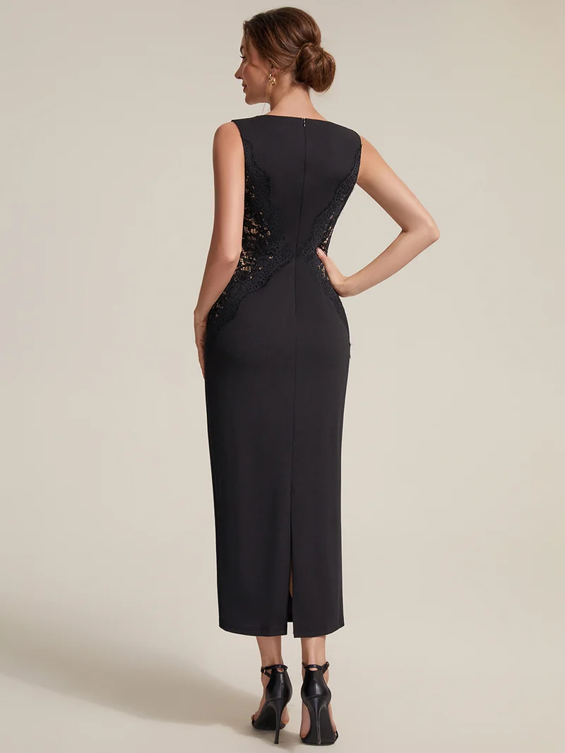 ever IVORY|Robe maxi moulante sans bretelles en jersey extensible avec col rond et dentelle à frange
