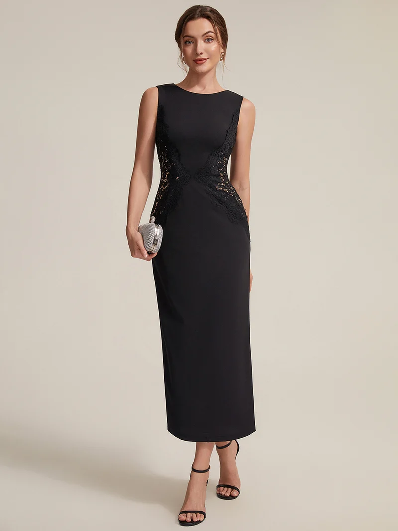 ever IVORY|Robe maxi moulante sans bretelles en jersey extensible avec col rond et dentelle à frange