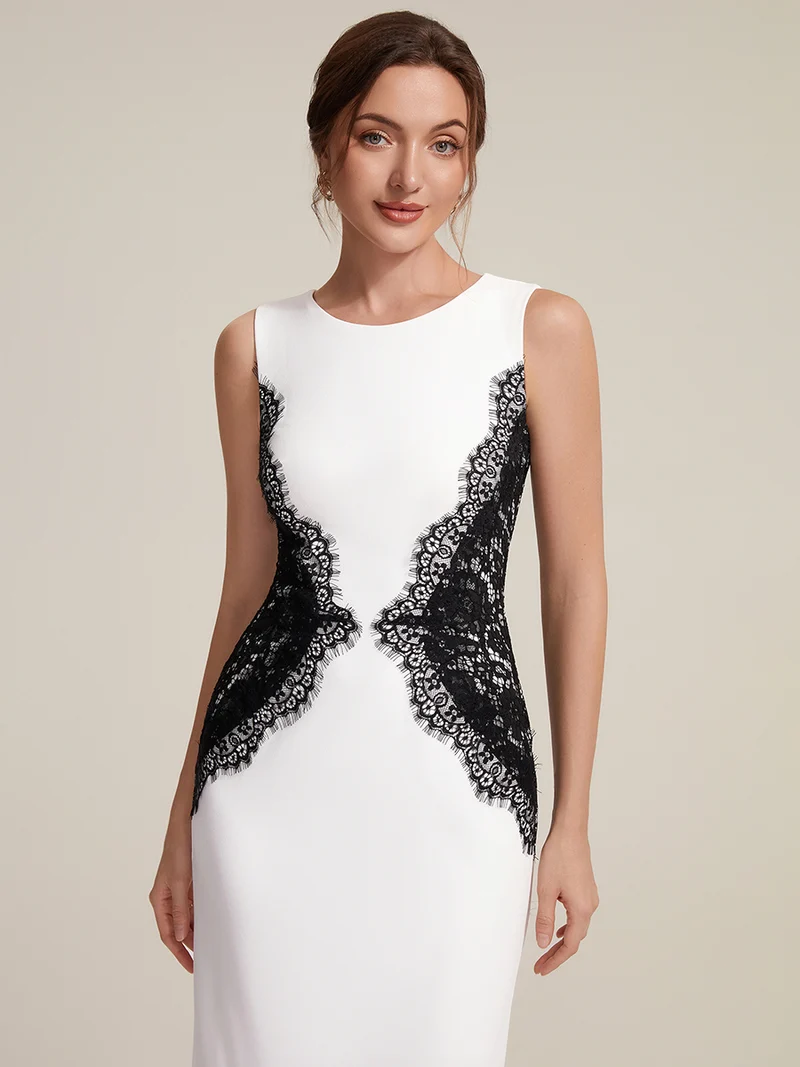 ever IVORY|Robe maxi moulante sans bretelles en jersey extensible avec col rond et dentelle à frange