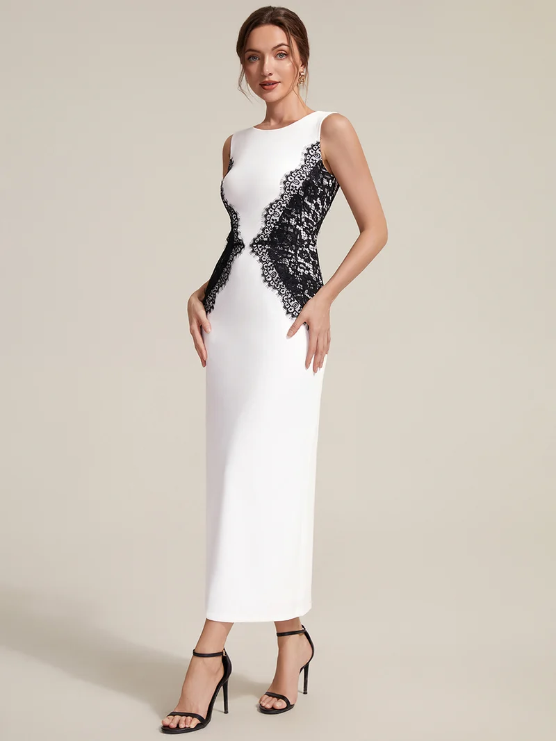 ever IVORY|Robe maxi moulante sans bretelles en jersey extensible avec col rond et dentelle à frange
