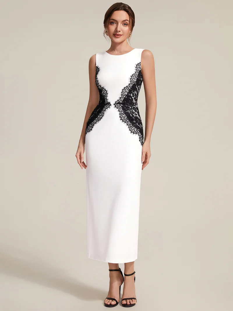 ever IVORY|Robe maxi moulante sans bretelles en jersey extensible avec col rond et dentelle à frange