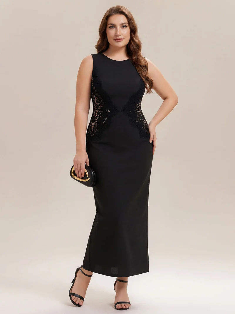 ever IVORY|Robe maxi moulante sans bretelles en jersey extensible avec col rond et dentelle à frange