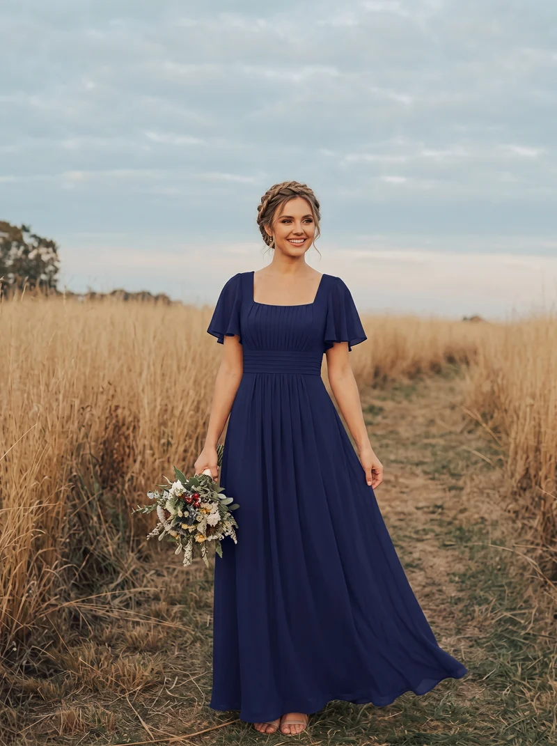 ever AVIEL|Robe Demoiselle d'Honneur Longue Chic en Mousseline Coupe A-Ligne