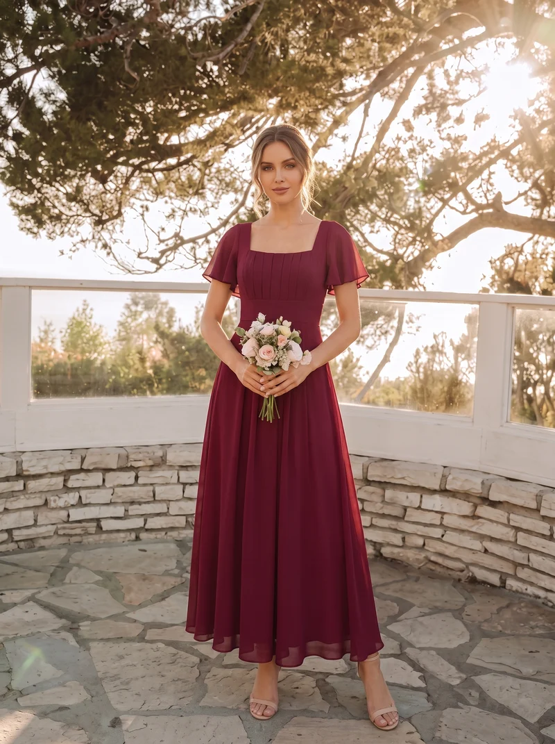 ever AVIEL|Robe Demoiselle d'Honneur Longue Chic en Mousseline Coupe A-Ligne